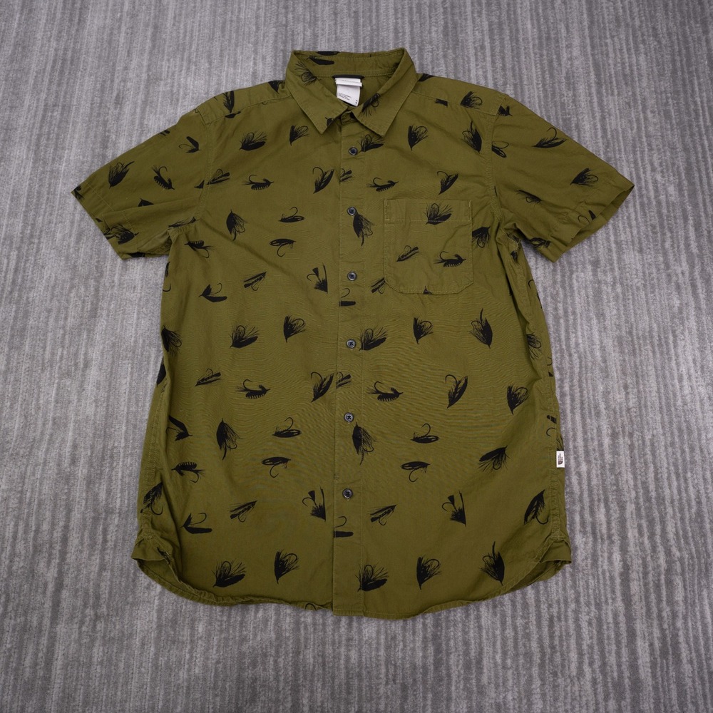 The North Face Button Up Shirt Mens M Green Excellent Fishing Fly Print SS